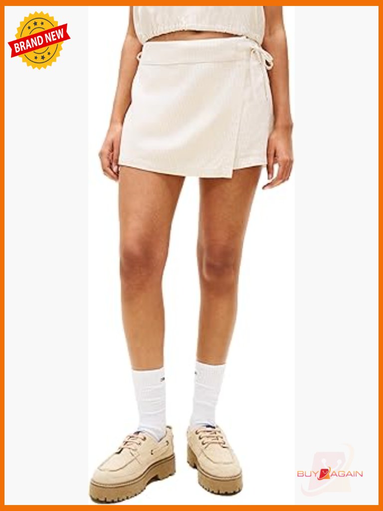Linen Mini Skort With Adjustable Waist Tie Mid Rise Stripe Shorts